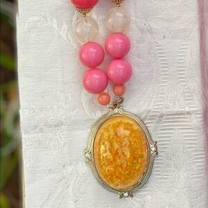 Beaded necklace Coral, pink, clear & white with 2.5” peach color pendant